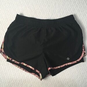 RBX Active Women Black Floral Trim X-Dri Double Layer Running Shorts Small